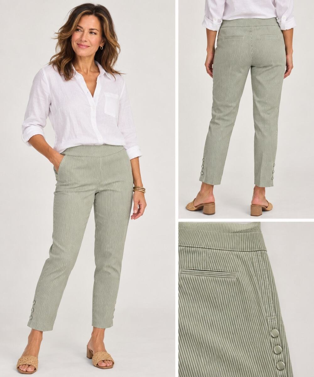Chico’s 00R Green White Stripe Slim Ankle Pants Button Hem Stretch Women’s XS